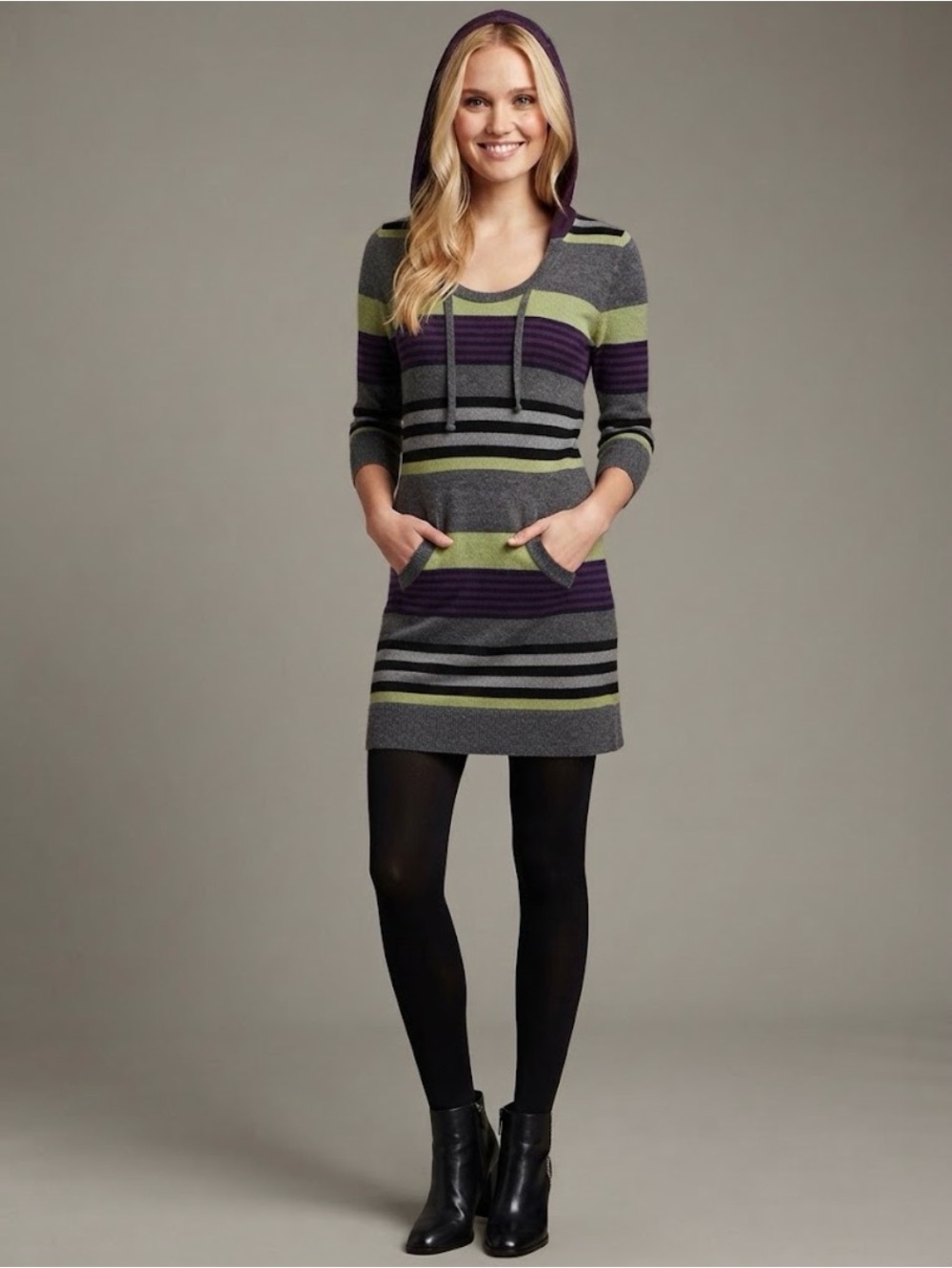 Juicy Couture Striped Hooded Mini Dress in Gray, Purple & Lime